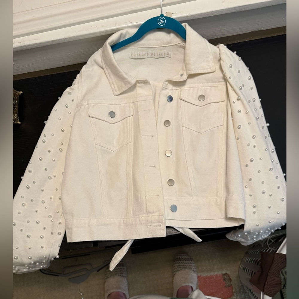 Untamed Petals Pearled White Jean Jacket